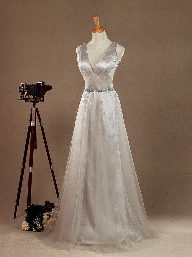 A-Line V-neck Floor Length Tulle Bridesmaid Dress with Belt