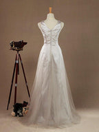 A-Line V-neck Floor Length Tulle Bridesmaid Dress with Belt