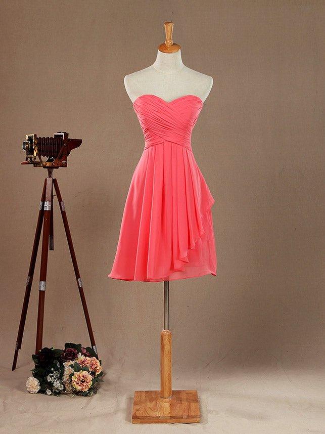 A-Line Strapless Sweetheart Knee Length Chiffon Bridesmaid Dress with Criss Cross Ruching Pleats