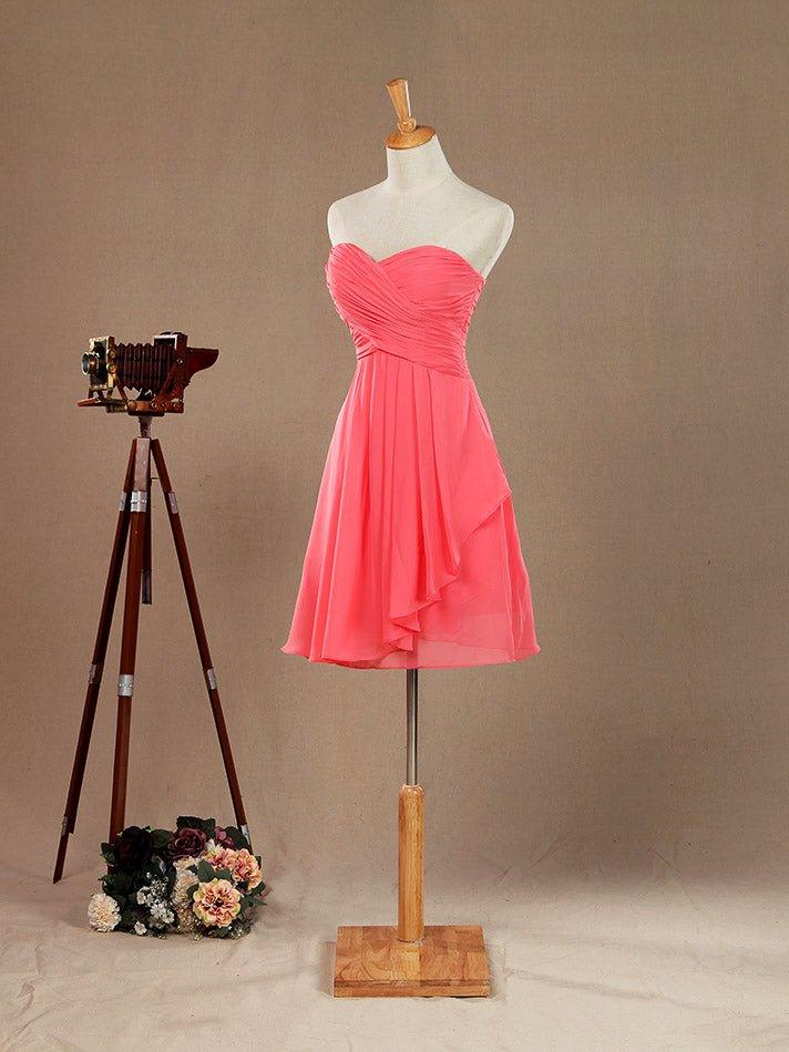 A-Line Strapless Sweetheart Knee Length Chiffon Bridesmaid Dress with Criss Cross Ruching Pleats