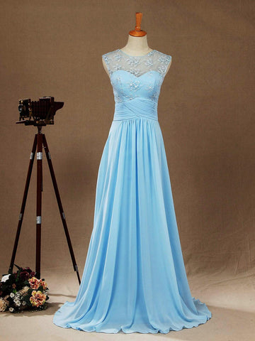 A-Linie U-Ausschnitt Bodenlanges Chiffon-Spitzen-Brautjungfernkleid mit durchsichtigem Rücken 