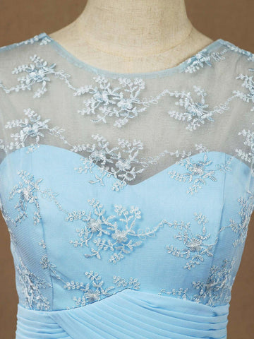 A-Linie U-Ausschnitt Bodenlanges Chiffon-Spitzen-Brautjungfernkleid mit durchsichtigem Rücken 