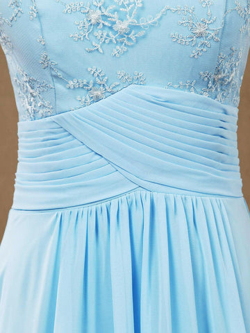 A-Linie U-Ausschnitt Bodenlanges Chiffon-Spitzen-Brautjungfernkleid mit durchsichtigem Rücken 