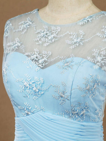 A-Linie U-Ausschnitt Bodenlanges Chiffon-Spitzen-Brautjungfernkleid mit durchsichtigem Rücken 
