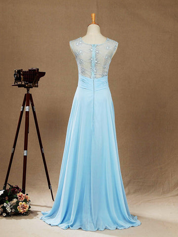 A-Linie U-Ausschnitt Bodenlanges Chiffon-Spitzen-Brautjungfernkleid mit durchsichtigem Rücken 
