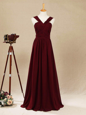 A-Linie, V-Ausschnitt, bodenlanges Chiffon-Brautjungfernkleid mit doppelten Trägern 