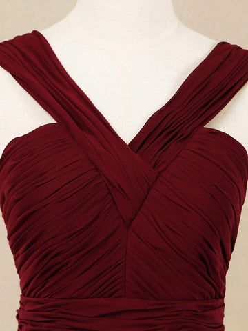 A-Linie, V-Ausschnitt, bodenlanges Chiffon-Brautjungfernkleid mit doppelten Trägern 