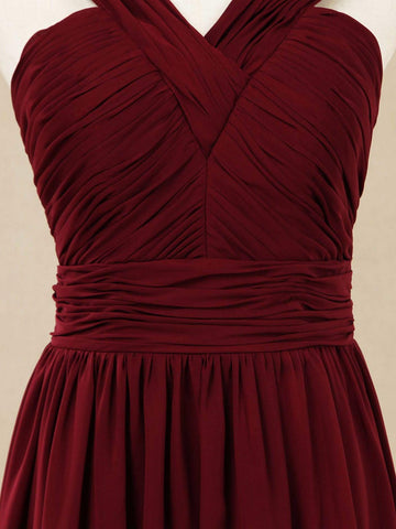 A-Linie, V-Ausschnitt, bodenlanges Chiffon-Brautjungfernkleid mit doppelten Trägern 