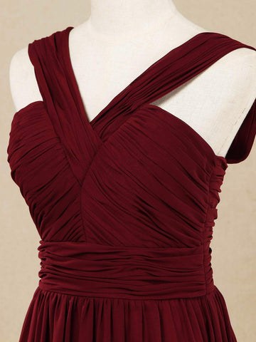 A-Linie, V-Ausschnitt, bodenlanges Chiffon-Brautjungfernkleid mit doppelten Trägern 