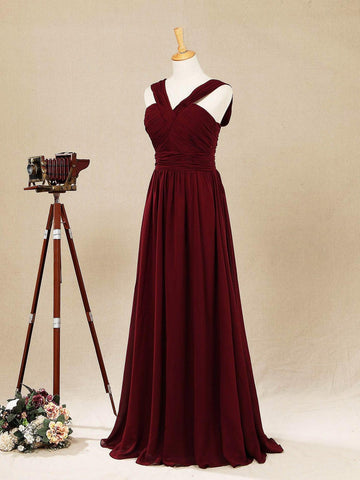 A-Linie, V-Ausschnitt, bodenlanges Chiffon-Brautjungfernkleid mit doppelten Trägern 