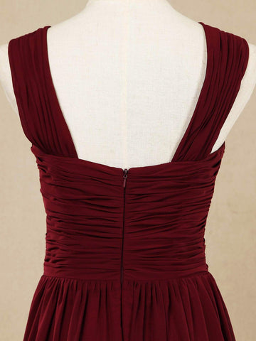 A-Linie, V-Ausschnitt, bodenlanges Chiffon-Brautjungfernkleid mit doppelten Trägern 