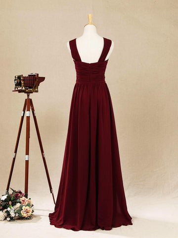 A-Linie, V-Ausschnitt, bodenlanges Chiffon-Brautjungfernkleid mit doppelten Trägern 