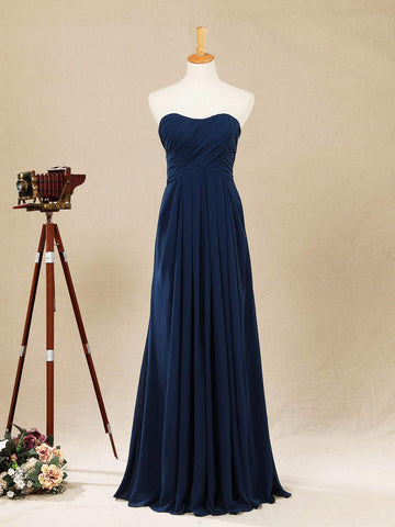 A-Linie, trägerlos, bodenlang, Chiffon-Brautjungfernkleid mit Rüschen 
