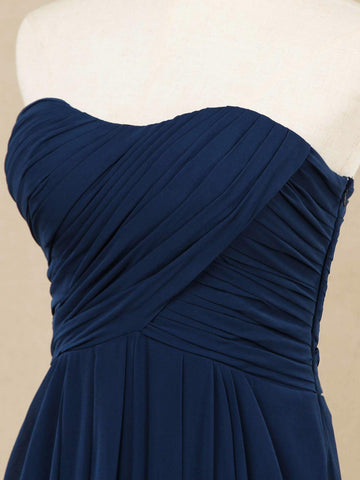 A-Linie, trägerlos, bodenlang, Chiffon-Brautjungfernkleid mit Rüschen 