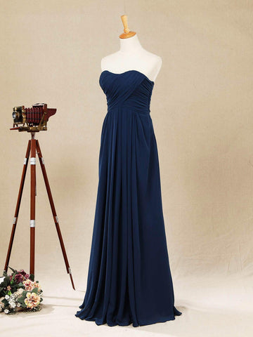 A-Linie, trägerlos, bodenlang, Chiffon-Brautjungfernkleid mit Rüschen 