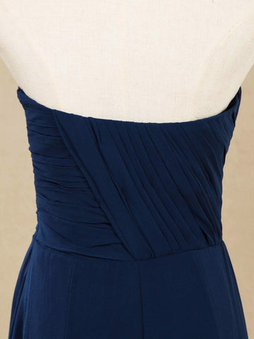 A-Linie, trägerlos, bodenlang, Chiffon-Brautjungfernkleid mit Rüschen 