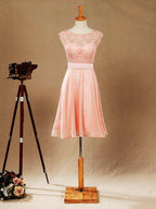 A-Line Jewel Neck Knee Length Chiffon Bridesmaid Dress with Lace