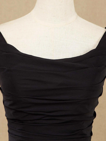 A-Linie, U-Ausschnitt, bodenlanges Chiffon-Brautjungfernkleid, Wasserfallausschnitt hinten mit gerüschten Falten 