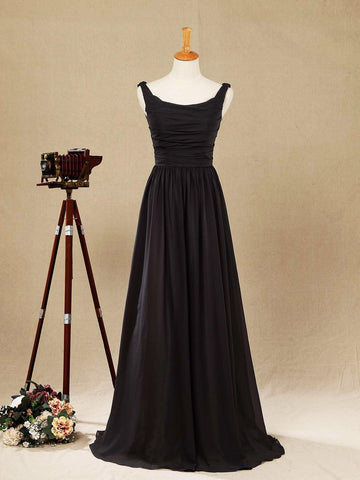 A-Linie, U-Ausschnitt, bodenlanges Chiffon-Brautjungfernkleid, Wasserfallausschnitt hinten mit gerüschten Falten 