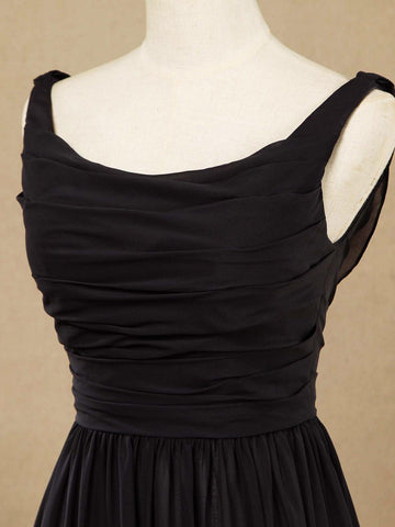 A-Linie, U-Ausschnitt, bodenlanges Chiffon-Brautjungfernkleid, Wasserfallausschnitt hinten mit gerüschten Falten 