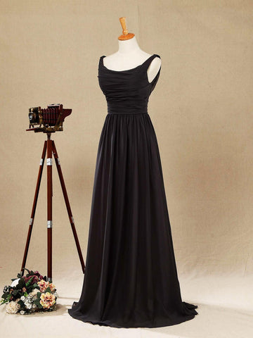 A-Linie, U-Ausschnitt, bodenlanges Chiffon-Brautjungfernkleid, Wasserfallausschnitt hinten mit gerüschten Falten 