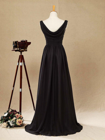 A-Linie, U-Ausschnitt, bodenlanges Chiffon-Brautjungfernkleid, Wasserfallausschnitt hinten mit gerüschten Falten 