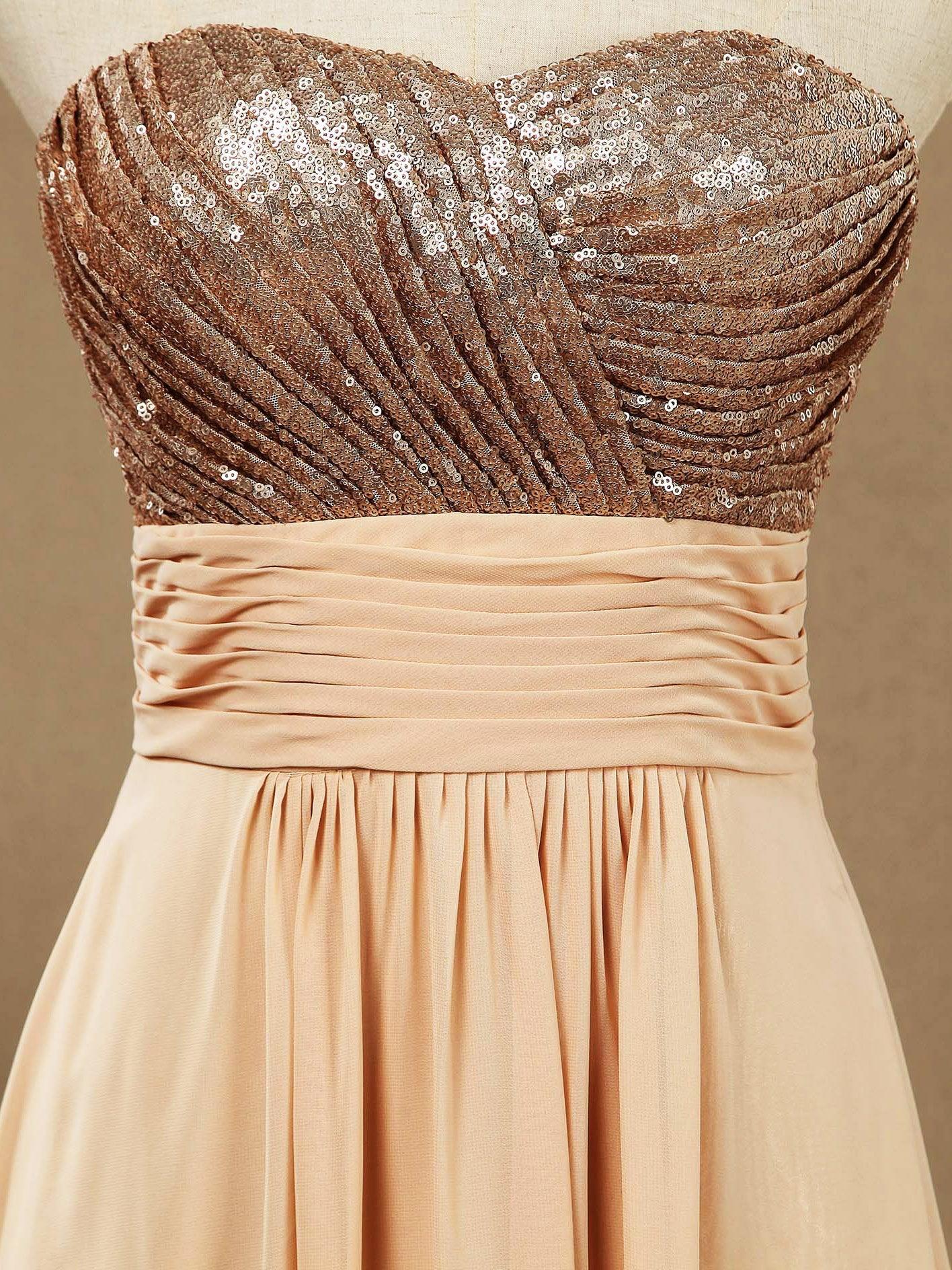 A-Line Rose Gold Sequins Mix Chiffon Floor Length Sweetheart Bridesmaid Dress