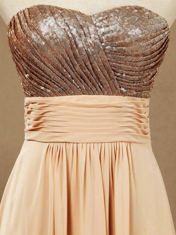 A-Linie, bodenlanges Brautjungfernkleid aus Chiffon mit Pailletten und Herzausschnitt in Roségold 
