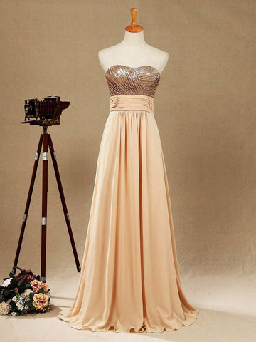 A-Linie, bodenlanges Brautjungfernkleid aus Chiffon mit Pailletten und Herzausschnitt in Roségold 