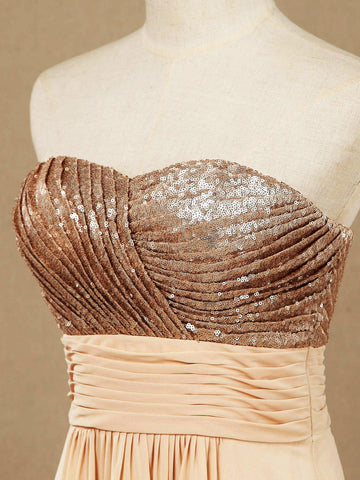 A-Linie, bodenlanges Brautjungfernkleid aus Chiffon mit Pailletten und Herzausschnitt in Roségold 