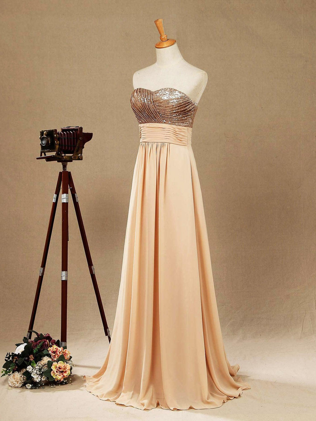 A-Line Rose Gold Sequins Mix Chiffon Floor Length Sweetheart Bridesmaid Dress