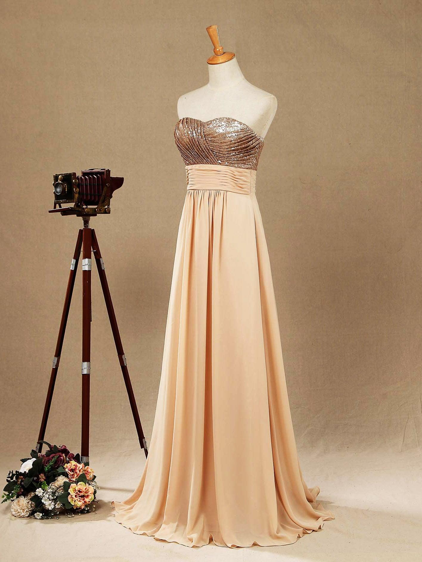 A-Line Rose Gold Sequins Mix Chiffon Floor Length Sweetheart Bridesmaid Dress