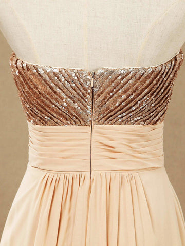 A-Linie, bodenlanges Brautjungfernkleid aus Chiffon mit Pailletten und Herzausschnitt in Roségold 