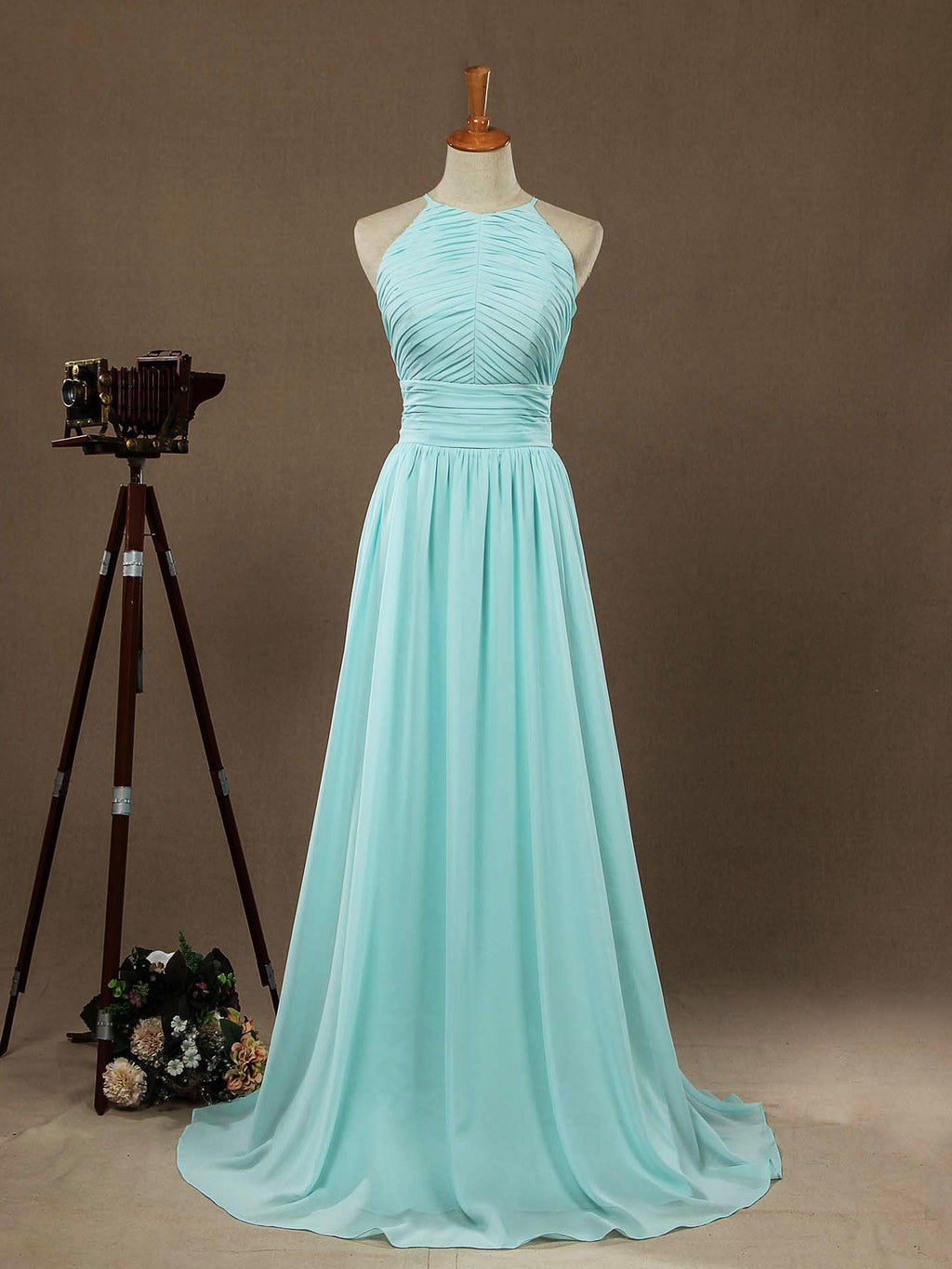 Numbersea Chiffon Floor Length Prom Dresses A-Line Halter Open Back Pleats