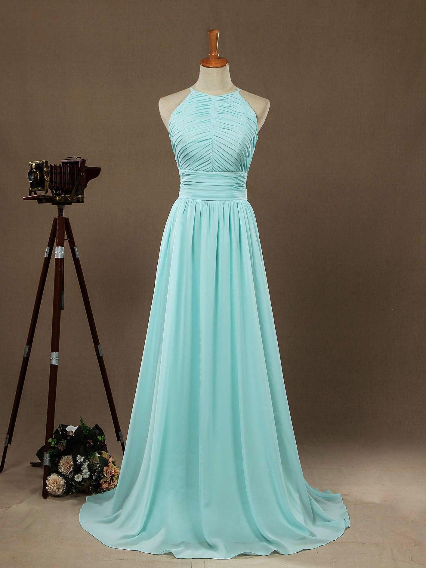 Numbersea Chiffon Floor Length Prom Dresses A-Line Halter Open Back Pleats