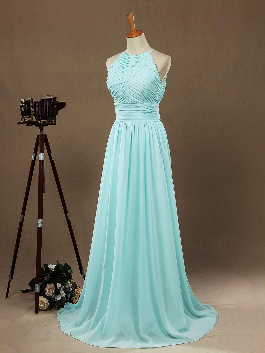 Numbersea Chiffon Floor Length Prom Dresses A-Line Halter Open Back Pleats