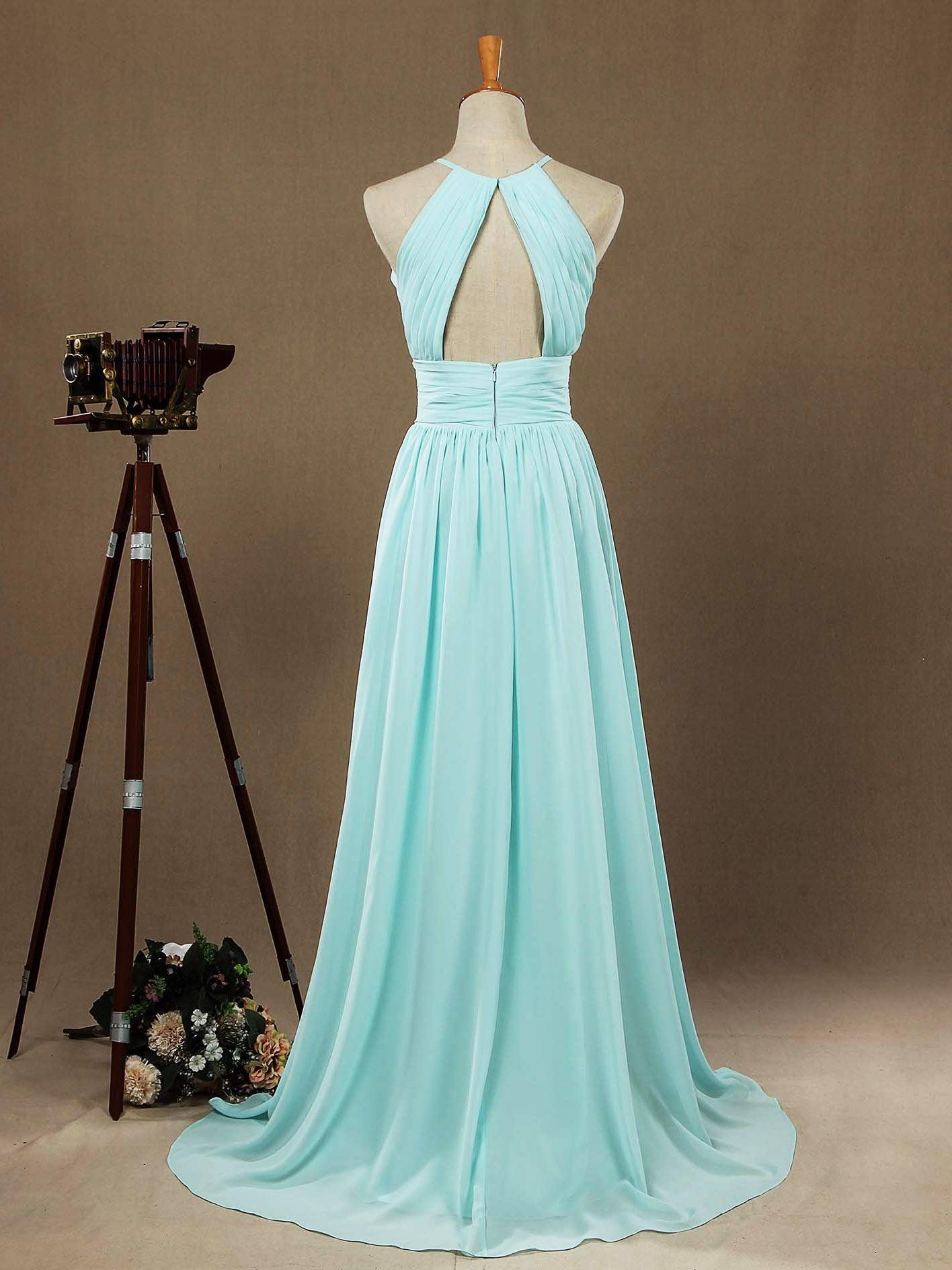 Numbersea Chiffon Floor Length Prom Dresses A-Line Halter Open Back Pleats