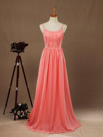 A-Linie U-Ausschnitt Spaghettiträger Bodenlanges Chiffon Brautjungfernkleid mit Rüschen 