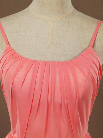 A-Linie U-Ausschnitt Spaghettiträger Bodenlanges Chiffon Brautjungfernkleid mit Rüschen 