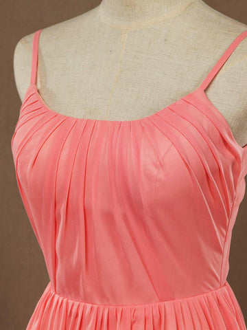 A-Linie U-Ausschnitt Spaghettiträger Bodenlanges Chiffon Brautjungfernkleid mit Rüschen 