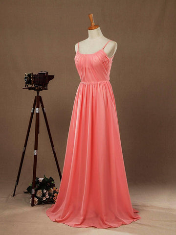 A-Linie U-Ausschnitt Spaghettiträger Bodenlanges Chiffon Brautjungfernkleid mit Rüschen 