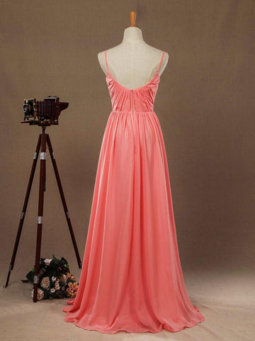 A-Linie U-Ausschnitt Spaghettiträger Bodenlanges Chiffon Brautjungfernkleid mit Rüschen 