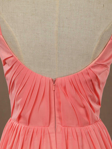 A-Linie U-Ausschnitt Spaghettiträger Bodenlanges Chiffon Brautjungfernkleid mit Rüschen 