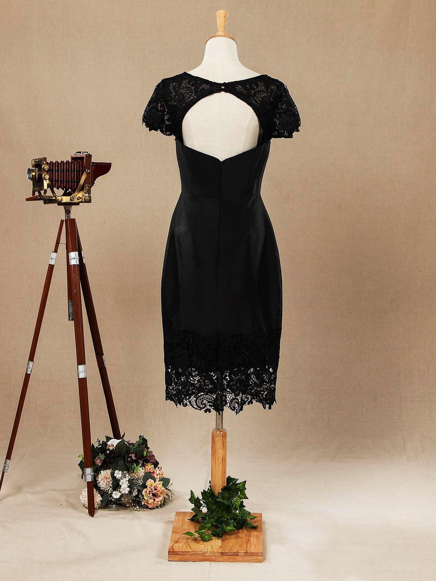 Vestido de mãe em tafetá, comprimento chá, sereia/trompete, decote à barco, com manga curta em renda, Numbersea 