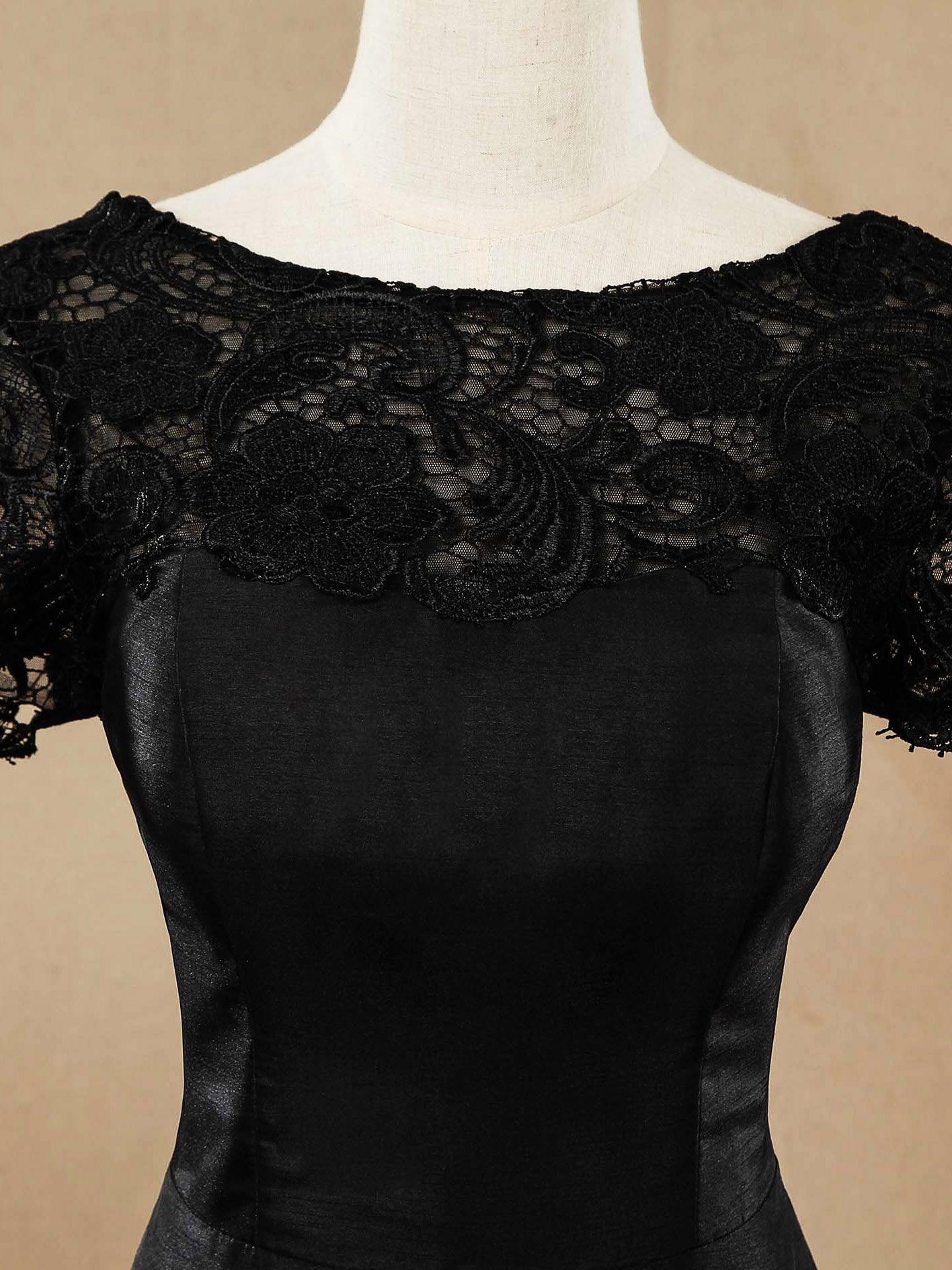 Vestido de mãe em tafetá, comprimento chá, sereia/trompete, decote à barco, com manga curta em renda, Numbersea 