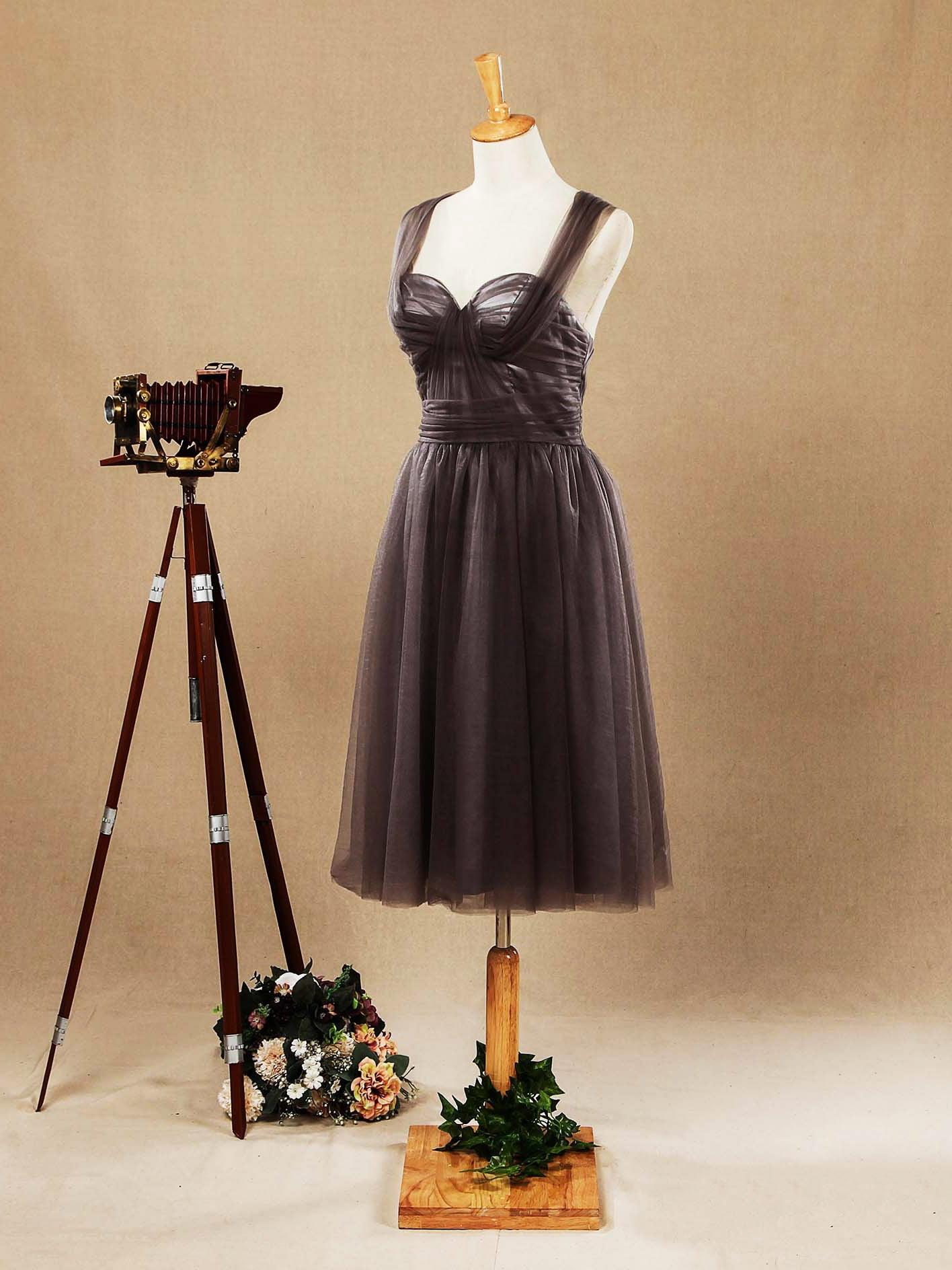 A-line Knee-length Tulle Bridesmaid Dresses Straps Sweetheart Open-back with Ruching