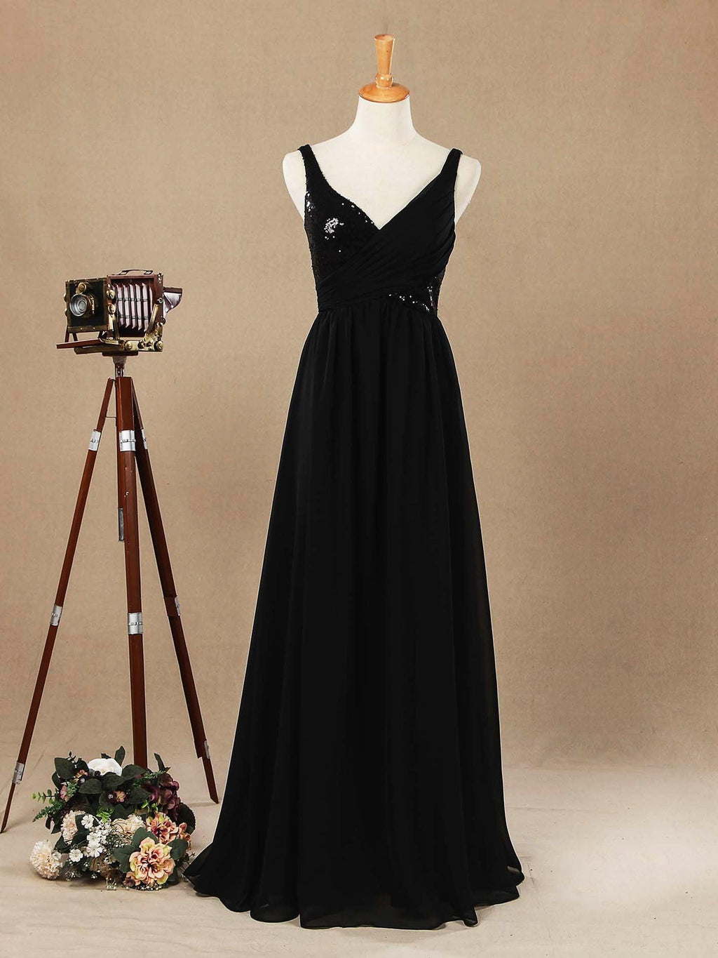 A-Line V-neck Floor Length Chiffon match Sequins Bridesmaid Dress with Ruching Pleats