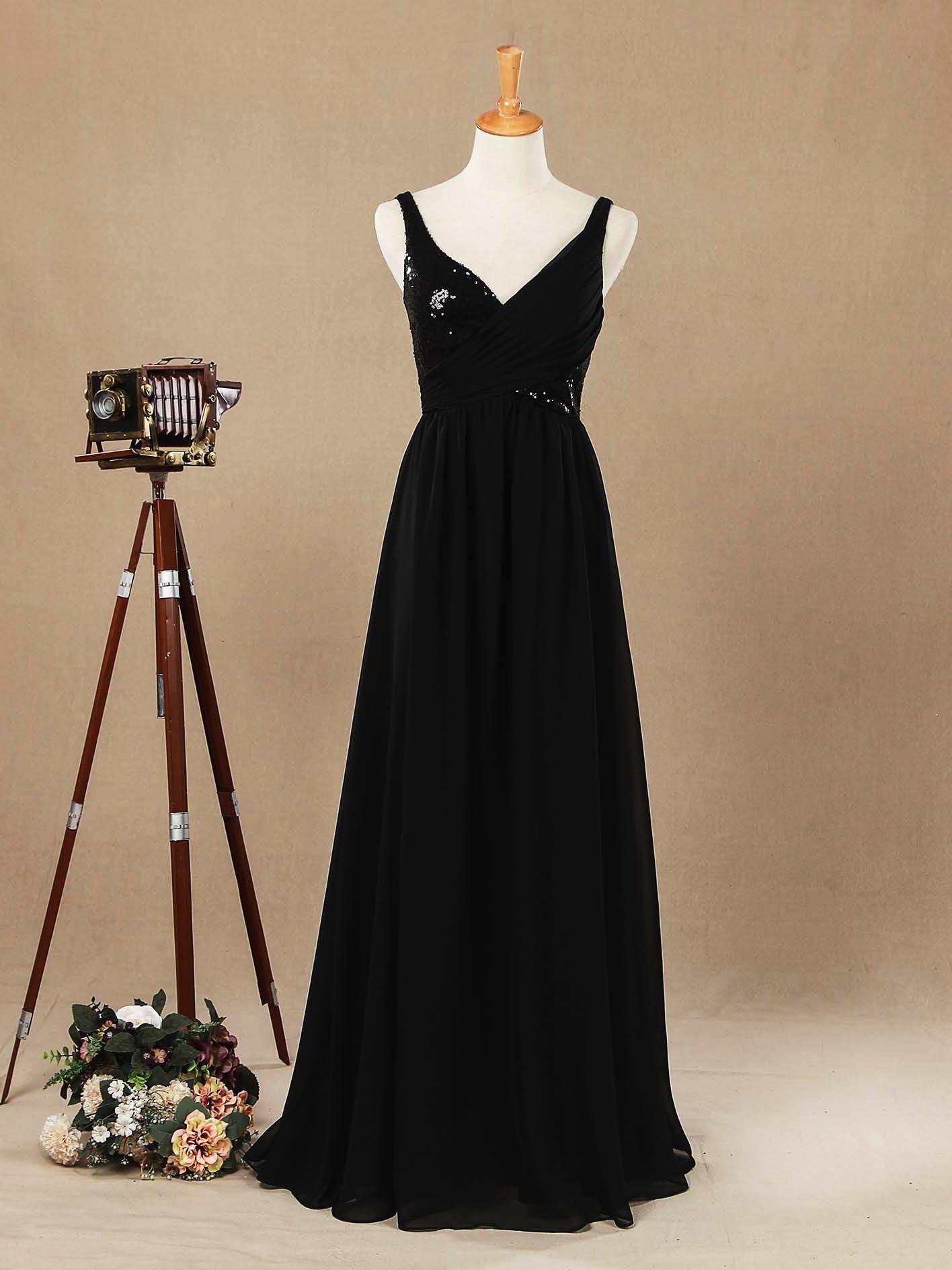 A-Line V-neck Floor Length Chiffon match Sequins Bridesmaid Dress with Ruching Pleats