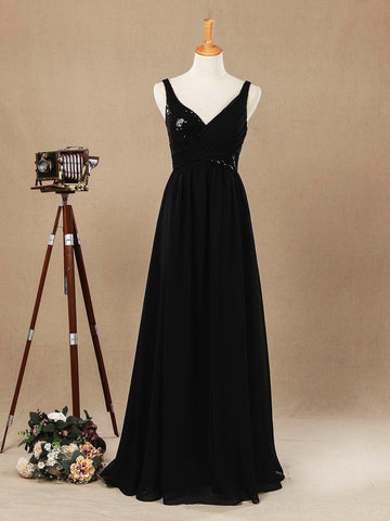 A-Linie V-Ausschnitt Bodenlanges Chiffon-Brautjungfernkleid mit passenden Pailletten und Rüschenfalten 