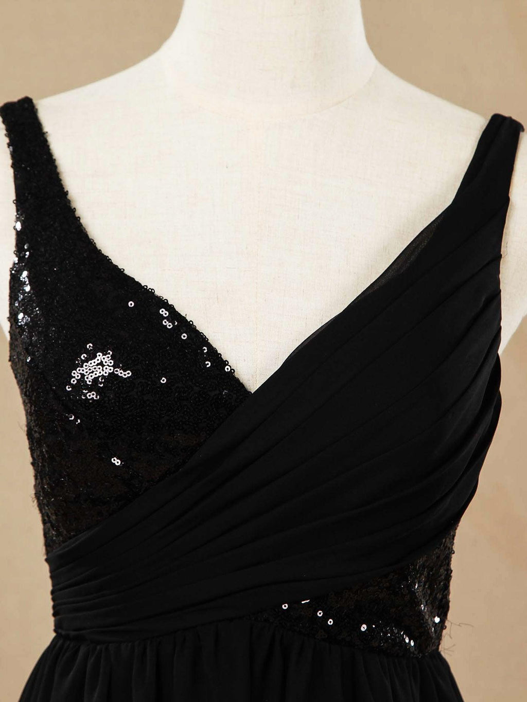 A-Line V-neck Floor Length Chiffon match Sequins Bridesmaid Dress with Ruching Pleats